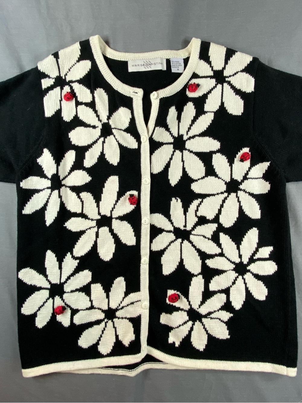 Vtg MC & Co Marisa Christina Ramie Knit Cardigan Women sz M Ladybugs  80s Whimsy